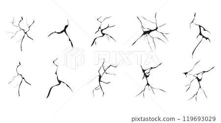 Cracked glass, wall, egg, fissures in ground top view. Set concrete, crevices from disaster, surface from earthquake, Ruined breaked land surface doodle, hand drawn 119693029