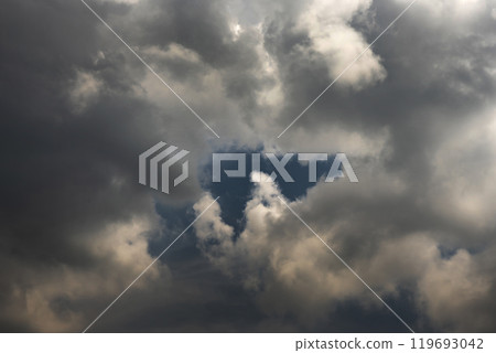Dramatic dark storm rain clouds black sky background. Dark thunderstorm clouds rainny atmosphere. Meteorology danger windstorm disasters climate. Dark cloudscape storm disaster gloomy gray cloud sky 119693042