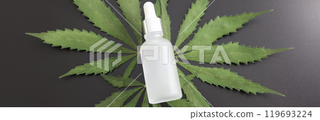 Cannabis leaf and pipette bottle with essential oil on black Cannabis leaf and pipette bottle with essential oil on black 119693224