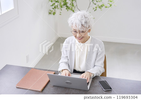 Elderly businesswoman working on laptop in office Elderly businesswoman working on laptop in office 119693304
