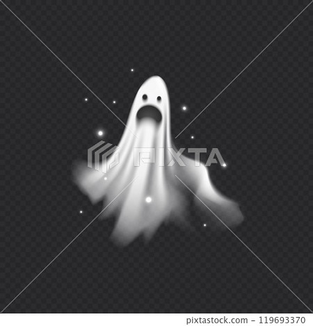 Vector illustration of flying screaming realistic ghost with small glowing particles. 119693370