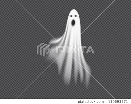 Flying white ghost with a scary face. 119693371