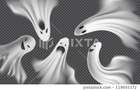 Vector illustration of a set with realistic ghosts with creepy faces for Halloween. 119693372