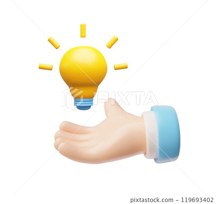 Vector 3d illustration of a human hand holding a yellow electric bulb. Vector 3d illustration of a human hand holding a yellow electric bulb. 119693402