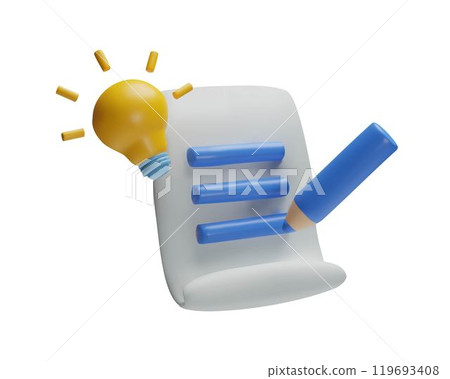 3d yellow light bulb, blue pencil, sheet of paper with notes. 119693408