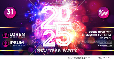 Happy New Year 2025 Party Celebration Banner Template Illustration with Typography Lettering on Glowing Firework Background. Vector New Year Eve Holiday Design. Premium Invitation Flyer or Promo 119693460