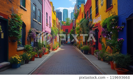 A vibrant street scene with colorful murals and graffiti art displayed on walls and buildings, showcasing a mix of styles and artistic expression 119693668