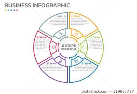 Visual data presentation. Cycle diagram with 6 options. Pie Chart Circle thin line infographic template with 6 steps, options, parts, segments. Business concept. Marketing infographic vector 119693737