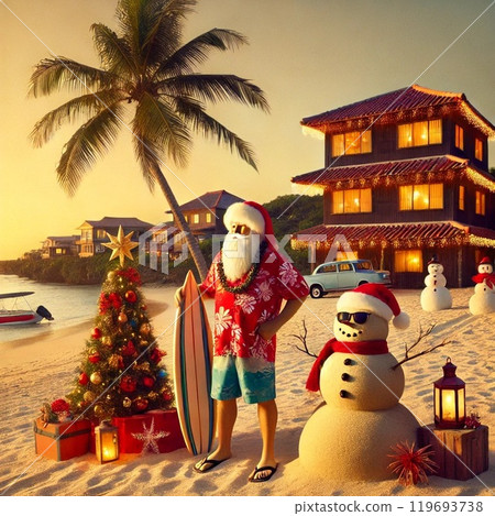 Tropical beach and Santa Claus Christmas 119693738