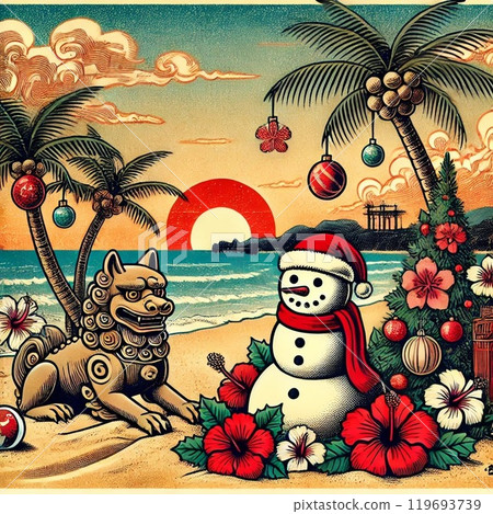 Okinawa beach, Shisa, Hibiscus and Snowman Christmas Ukiyo-e style 119693739