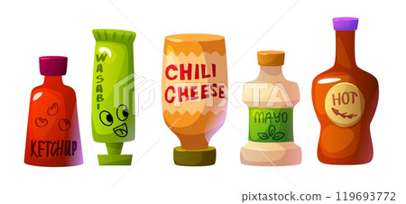 Hot chili sauce bottle. Red spicy ketchup vector 119693772
