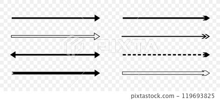 Straight Long Arrow. Navigation elements. Vector flat illustration. Set of black pointers isolated on transparent background. Simple symbols for measuring Straight Long Arrow. Navigation elements. Vector flat illustration. Set of black pointers isolated on transparent background. Simple symbols for measuring 119693825