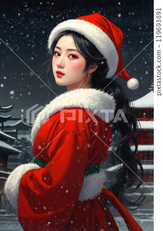 穿著聖誕老人衣服、雪景和日式服裝的繪畫女人 119693891