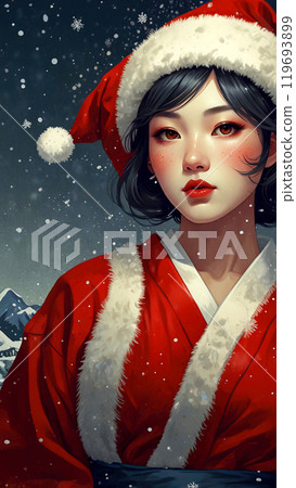 穿著聖誕老人衣服、雪景和日式服裝的繪畫女人 穿著聖誕老人衣服、雪景和日式服裝的繪畫女人 119693899