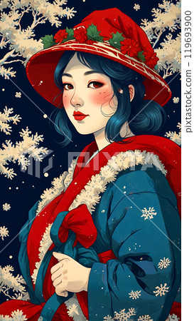 穿著聖誕老人衣服、雪景和日式服裝的繪畫女人 119693900