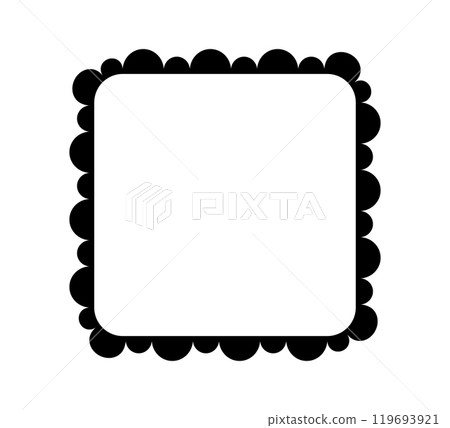 Scalloped edge square frame. Simple rectangle scalloped border. Fabric lace pattern frame. Repeat cute vintage frill ornament. Texture ribbon. Vector illustration isolated on white background 119693921