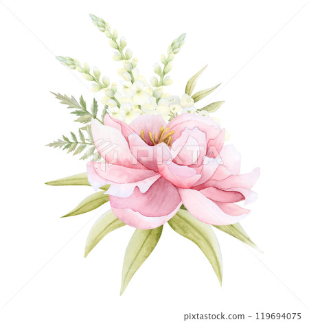 Peony blossom with white Matthiola flowers and fern leaves watercolor isolated illustration. Delicate pink garden rose composition for spring wedding design. Pastel floral clipart 119694075