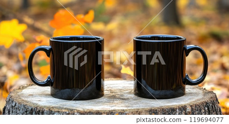 Autumn outdoor setting with two black mugs on wood stump 119694077