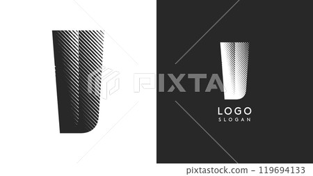 V vector letter. Sharp contrast monogram strike diagonal hatching for industrial yet modern look. High bold logo template. Logotype concept design for brand in tech, architecture, fashion 119694133