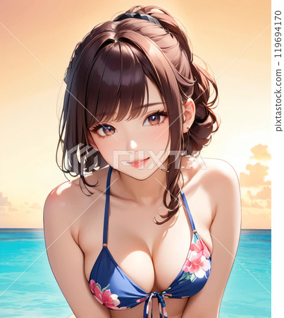 熱帶海灘上的年輕泳裝女人 119694170