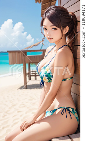 熱帶海灘上的年輕泳裝女人 119694171