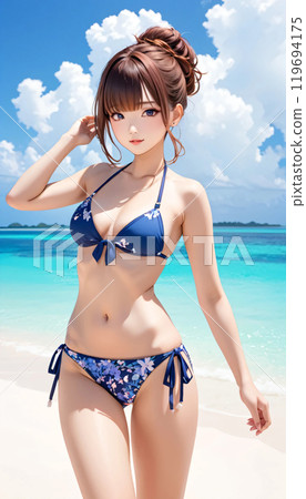 熱帶海灘上的年輕泳裝女人 119694175