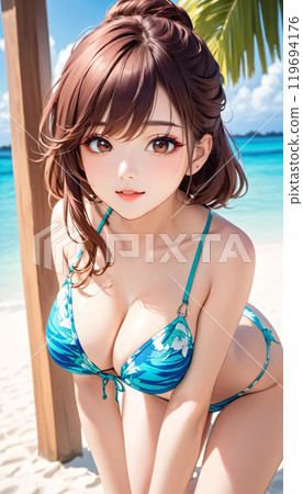 熱帶海灘上的年輕泳裝女人 119694176