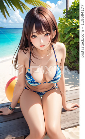 熱帶海灘上的年輕泳裝女人 熱帶海灘上的年輕泳裝女人 119694177