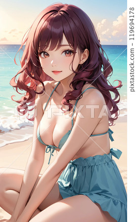 熱帶海灘上的年輕泳裝女人 119694178