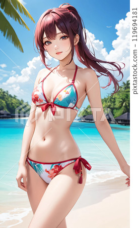 熱帶海灘上的年輕泳裝女人 熱帶海灘上的年輕泳裝女人 119694181