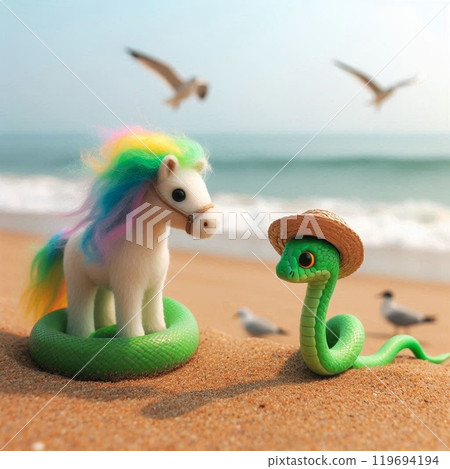 Horse and snake playing on the beach Horse and snake playing on the beach 119694194