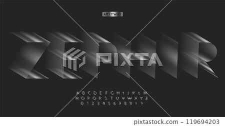 3D linear alphabet, dynamic motion effect letters, futuristic and luxury font for tech headline, premium logo, shiny volumetric typeface, innovative breeze-inspired typography. Vector typeset 119694203