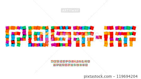 Post-it font, colorful sticky note forming each letter, bright color paper font for artistic logo, art space headline, creative office branding, vibrant sticky note typeface. Vector typeset 119694204