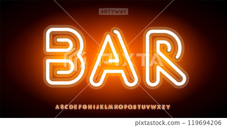 Bright neon alphabet, electric glowing letters, vibrant luminous font for nightclub branding, nightlife headline, shiny orange logo, electrifying party style. Vector typeset. 119694206