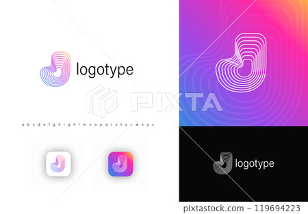 Ripples Logo Letter J, Geometric Rounded Lines Monogram for Tech Branding, Creative Posters, Identity. Vector Illustration 119694223