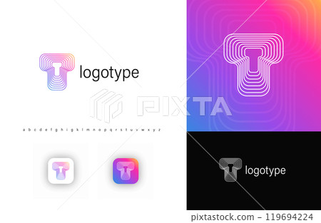 Ripples Logo Letter T, Geometric Rounded Lines Monogram for Tech Branding, Creative Posters, Identity. Vector Illustration 119694224