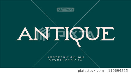 Classic vintage serif font, elegant refined letters with sharp edges, timeless classic alphabet for heritage sophistication logo, historical headline, signage, luxury retro typography. Vector typeset. 119694225