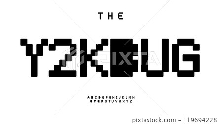 Simple pixel font, digital 8-bit letters, nostalgic Y2K vibe alphabet for 2000s arcade games logo and headline. Playful cyber pop typeface. Vintage tech typography. Vector typeset Simple pixel font, digital 8-bit letters, nostalgic Y2K vibe alphabet for 2000s arcade games logo and headline. Playful cyber pop typeface. Vintage tech typography. Vector typeset 119694228