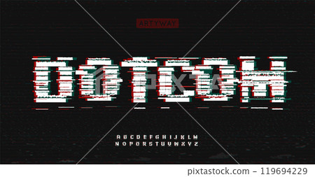 Bold glitch font, distorted pixelated letters, cyberpunk aesthetic alphabet for digital errors typography, Y2K bug digital art, sci-fi logo and headline. Retro wave glitch typography. Vector typeset 119694229