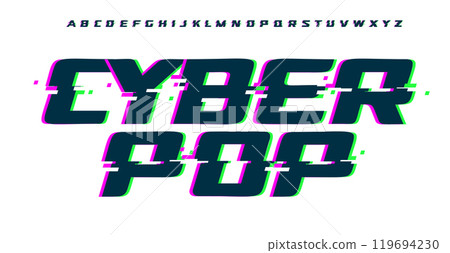 Holographic glitch font, bold digital bug pixelated effect typeface, modern cyberpop font for retro gaming logo and headline, Y2K typographic design. Vector typeset. Holographic glitch font, bold digital bug pixelated effect typeface, modern cyberpop font for retro gaming logo and headline, Y2K typographic design. Vector typeset. 119694230