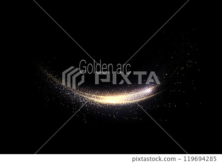 Shiny gold ribbon with small tinsel on black background, design component 119694285