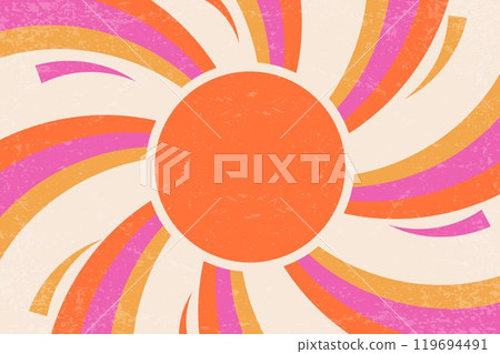 Retro summer sun background. Vector groovy sunshine wavy rays in vintage grunge design. 70s radial poster. Modern abstract groovy illustration. 119694491