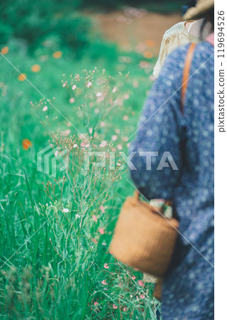 A woman picking flowers at a flower farm 119694526