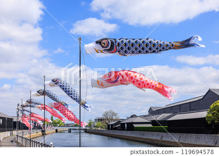 愛知縣半田市半田運河上飄揚的鯉魚旗 愛知縣半田市半田運河上飄揚的鯉魚旗 119694578