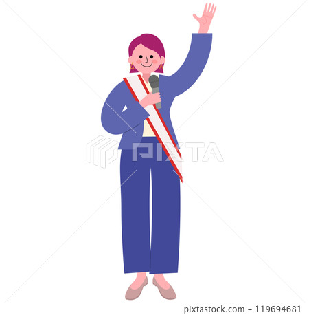 一名身穿褲裝和高跟鞋的女性在宣傳選舉時用麥克風發表演講的插圖 一名身穿褲裝和高跟鞋的女性在宣傳選舉時用麥克風發表演講的插圖 119694681