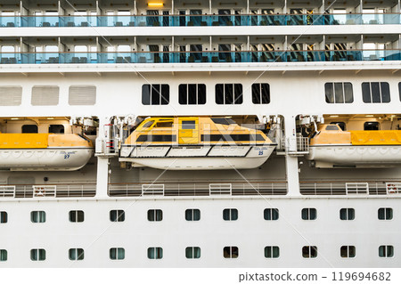 Close-up of enclosed lifeboats on a cruise ship in Kaohsiung, Taiwan. Close-up of enclosed lifeboats on a cruise ship in Kaohsiung, Taiwan. 119694682