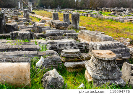 Remains of colonnades in ancient city of Aphrodisias, Turkey Remains of colonnades in ancient city of Aphrodisias, Turkey 119694776
