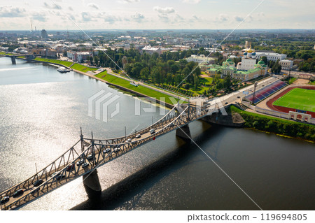 Tver cityscape with Transfiguration Cathedral and Imperial Traveling Palace on Volga river 119694805