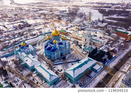 Winter aerial view of Nativity of Our Lady Monastery in Zadonsk, Russia 119694810