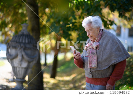 Elderly woman in the park, holding a smartphone and reading message. 119694982